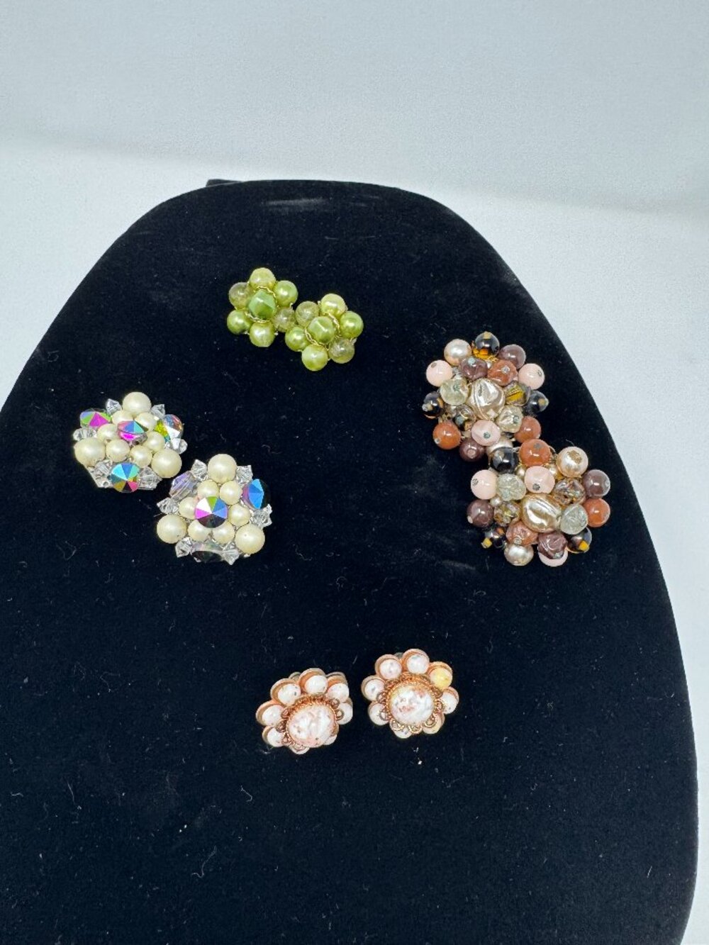 Vintage Japan Clip On Earrings Lot 4 Pairs AB Crystal Faux Pearl